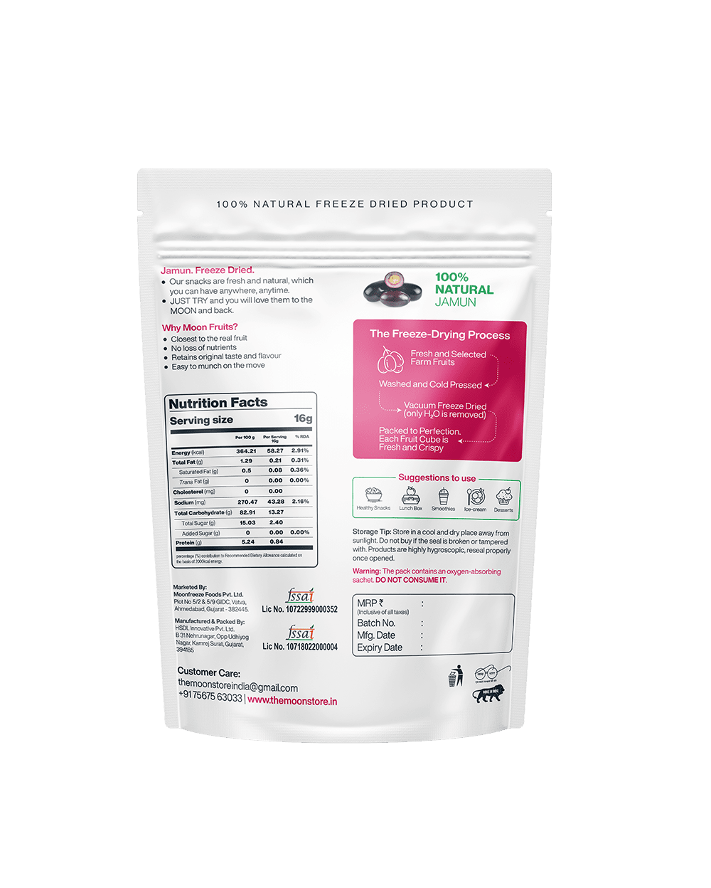 Freeze-Dried Jamun pack showing nutrition facts, freeze-drying process, and product details.
