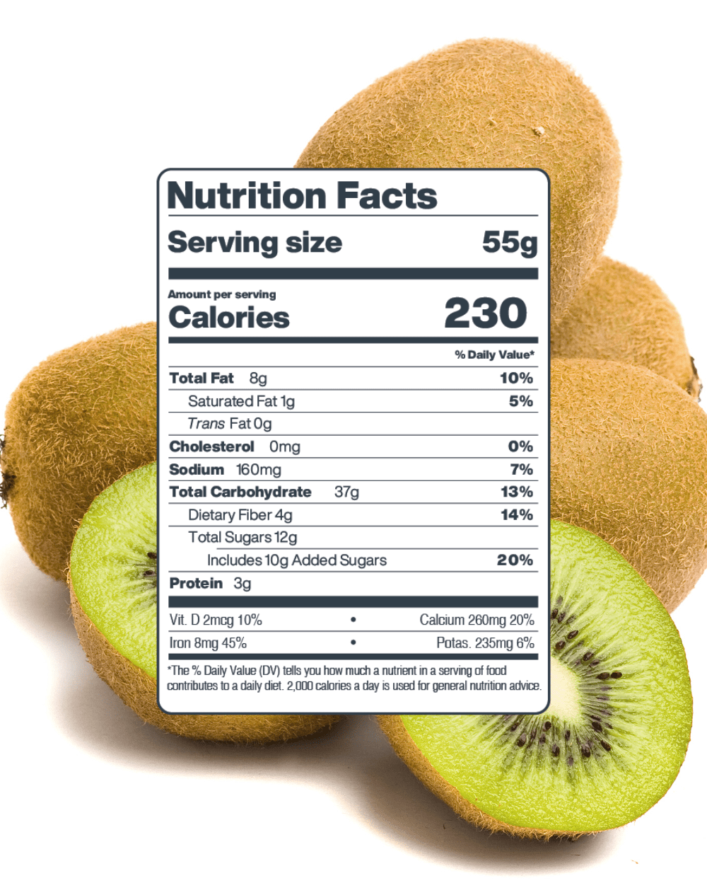Nutrition Facts label for kiwi, with fresh whole and sliced kiwi in the background.