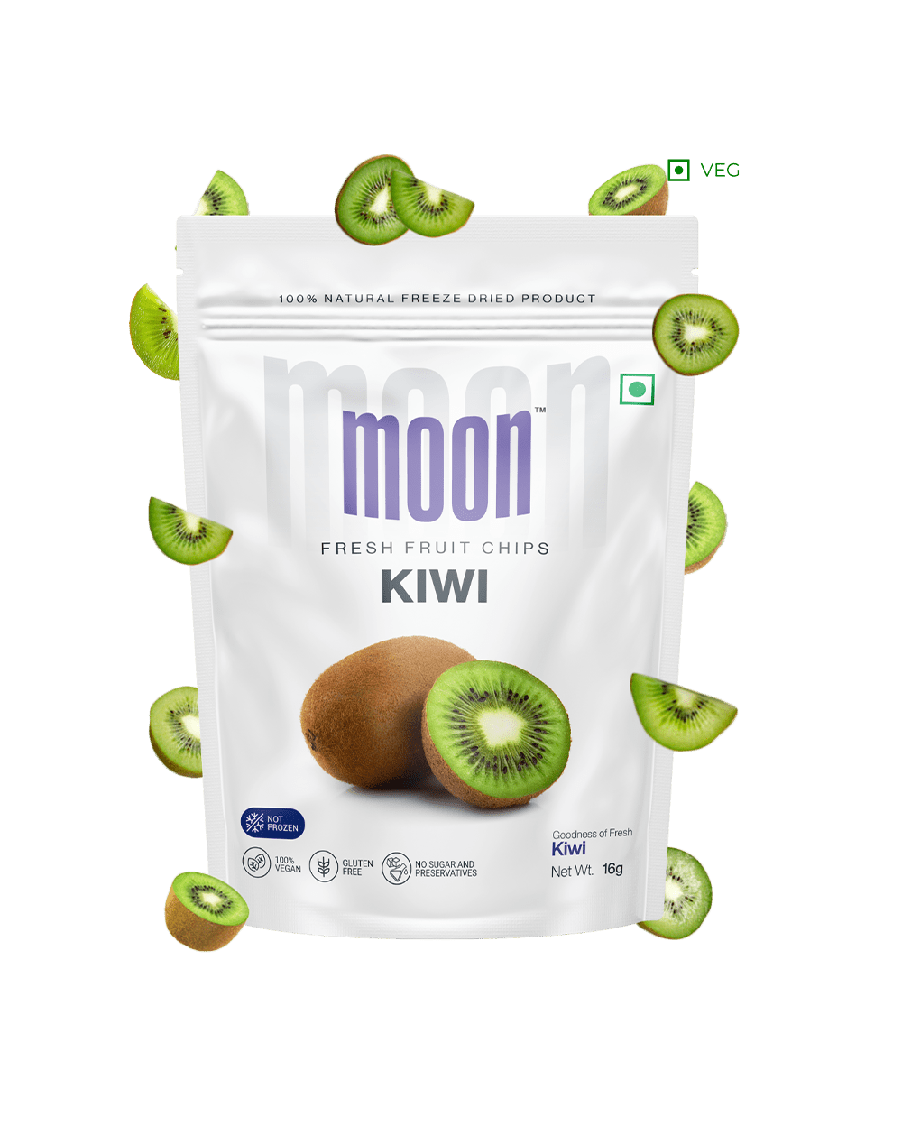 Fresh Fruit Chips Kiwi pack with whole and sliced kiwi fruits floating around.