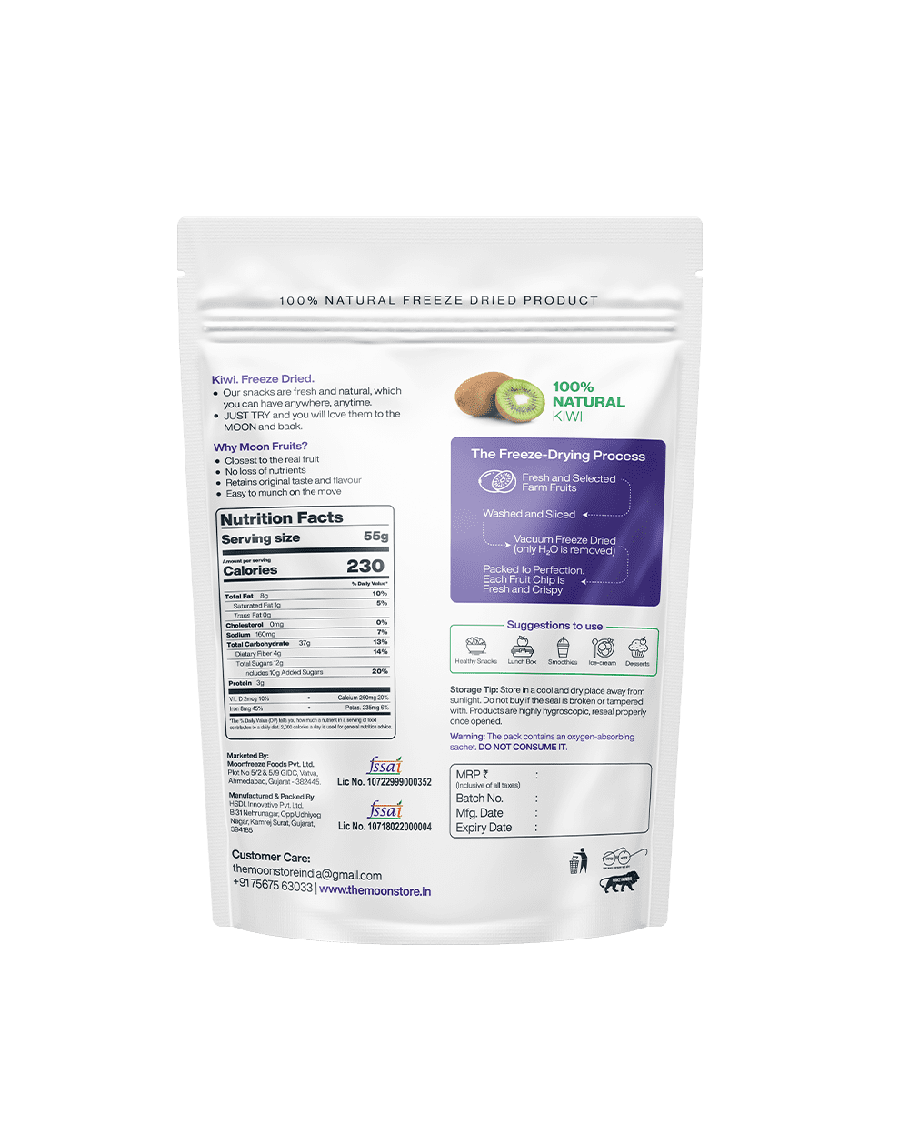 Freeze-Dried Kiwi Slices packaging, highlighting nutrition facts, benefits, and the freeze-drying process.