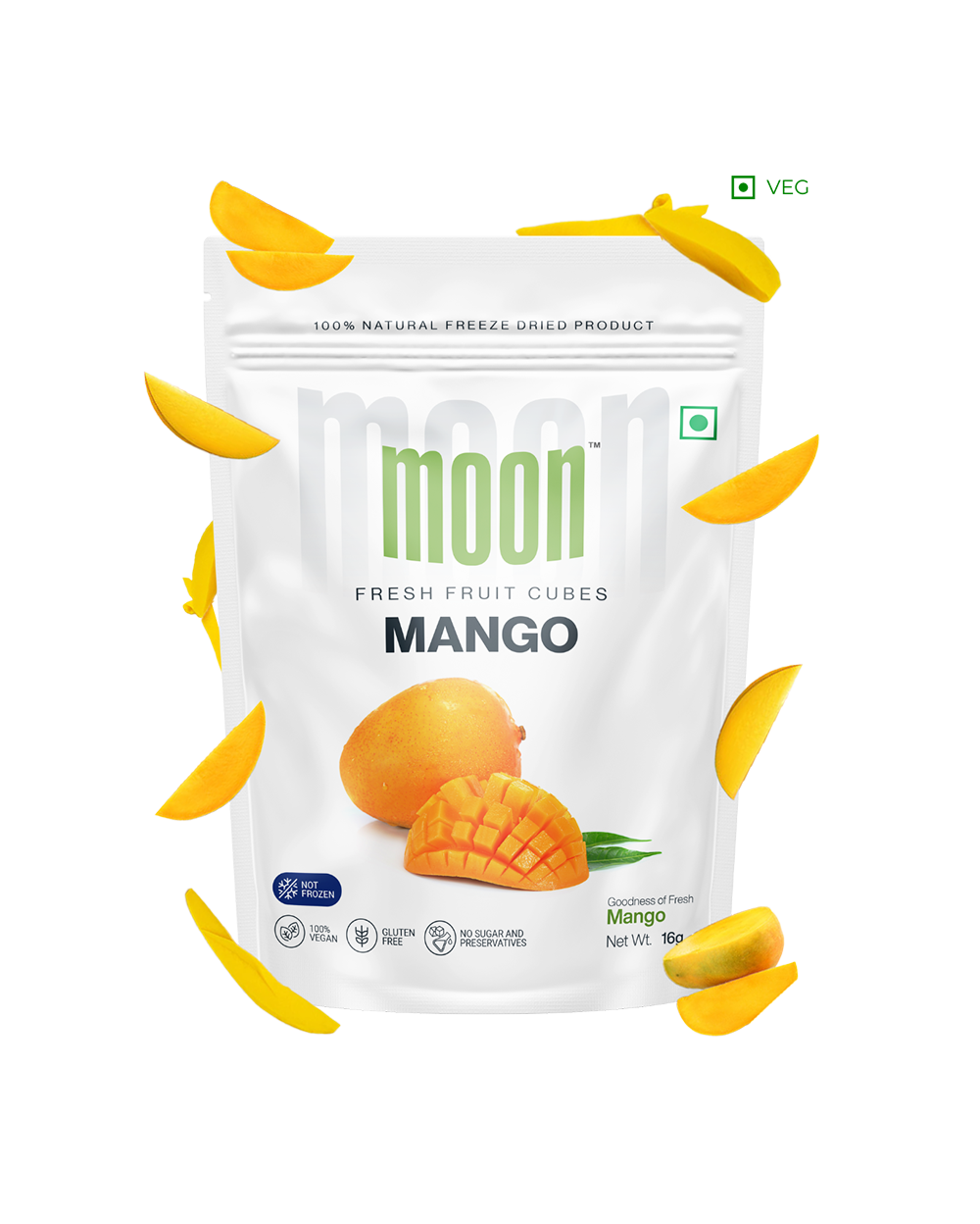 Mango Freeze-Dried Chips with floating mango slices around the packaging.