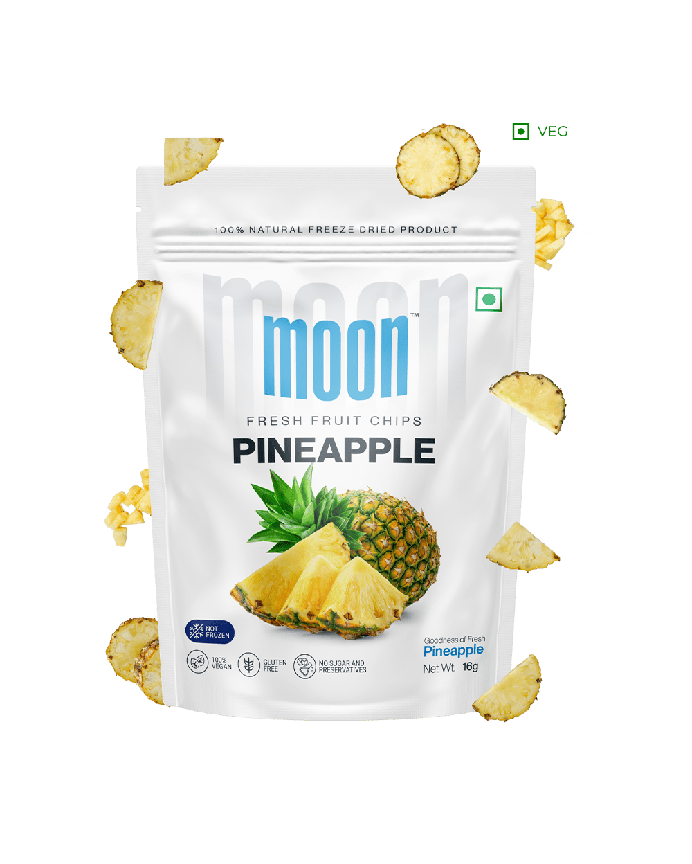 A bag of Moon Freeze Dried Pineapple chips on a white background. (Brand Name: Themoonstoreindia)