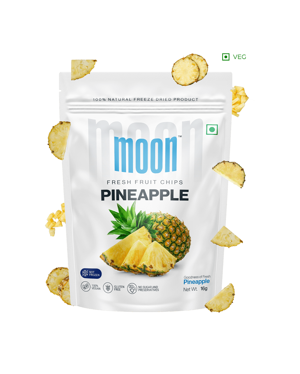 Freeze-dried Pineapple chips floating around the product packaging.