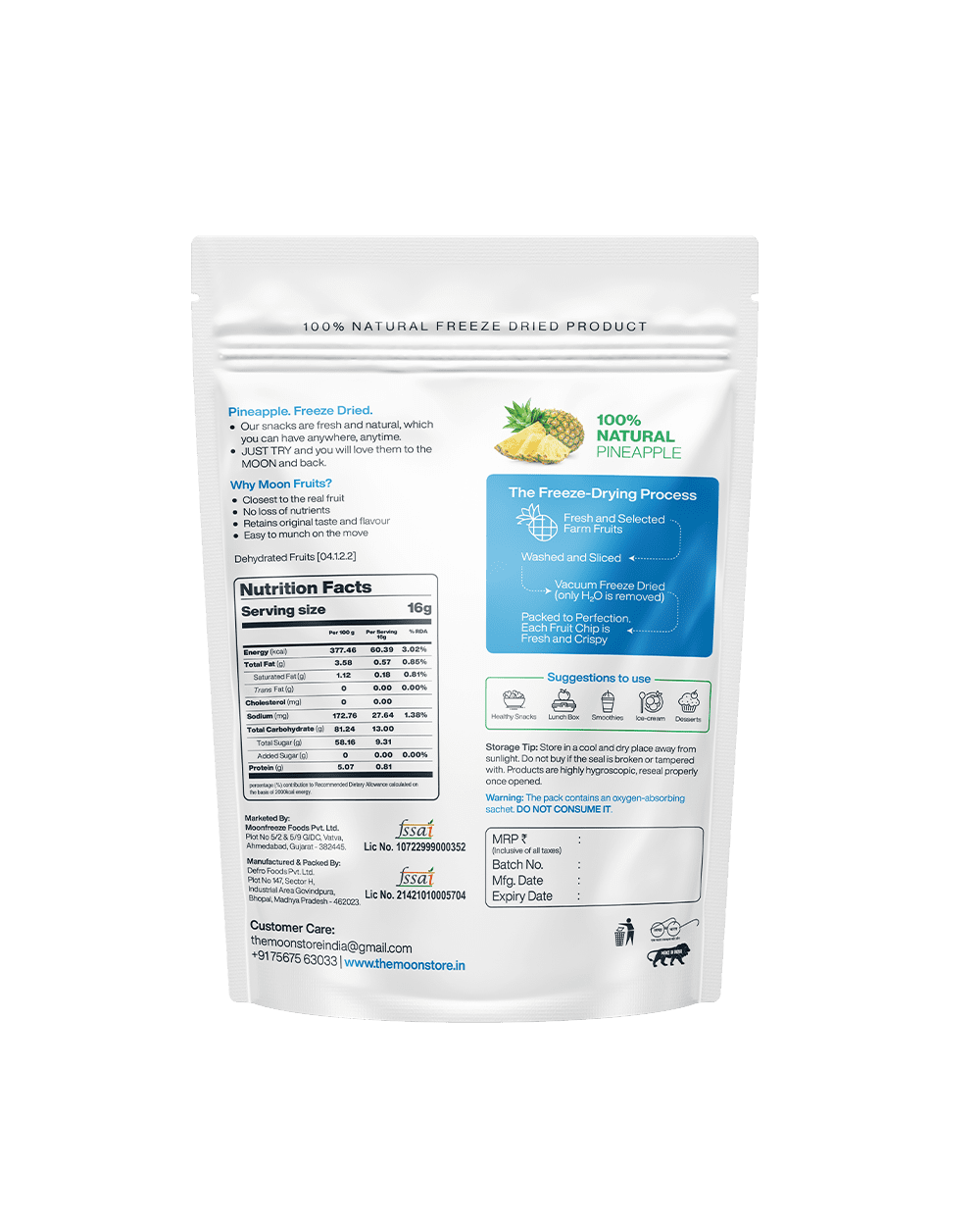 Freeze-Dried Pineapple Chips packaging, nutrition facts, benefits, and freeze-drying process.