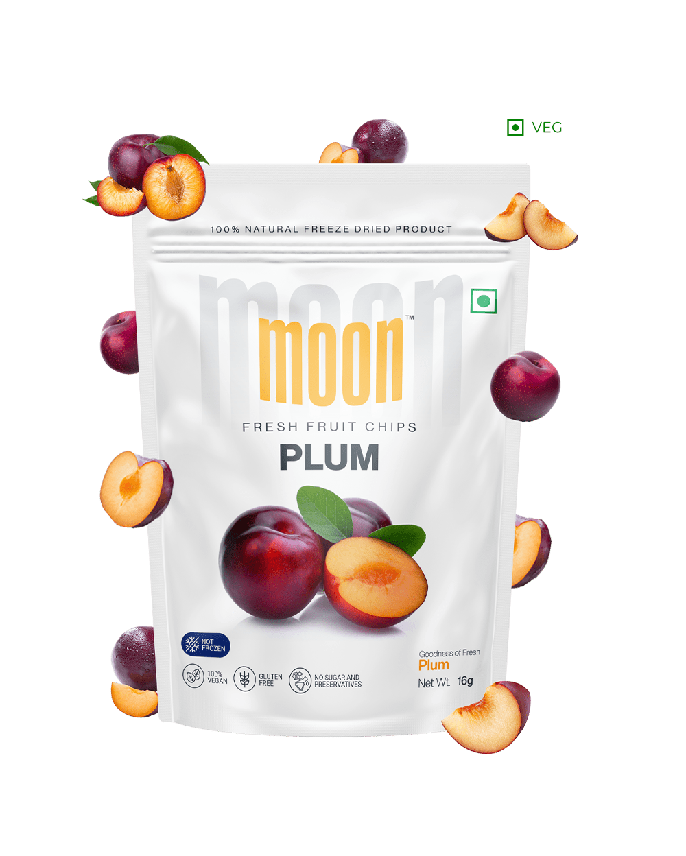 Plum Fresh Fruit Chips packaging with floating plum slices.
