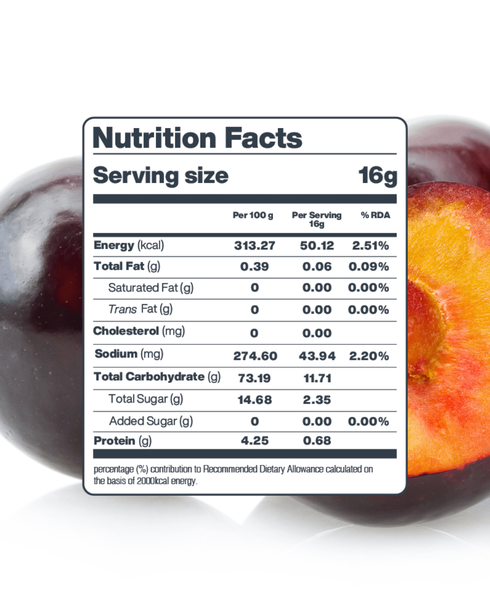 Nutrition facts of Plum Fresh Fruit Chips with background image of plums.