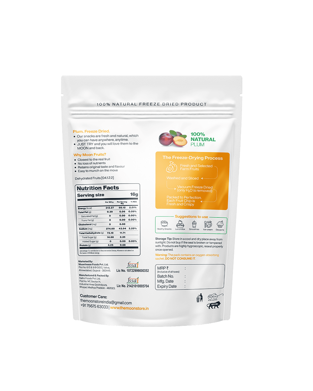 Plum Fresh Fruit Chips package showing nutrition facts and freeze-drying process.