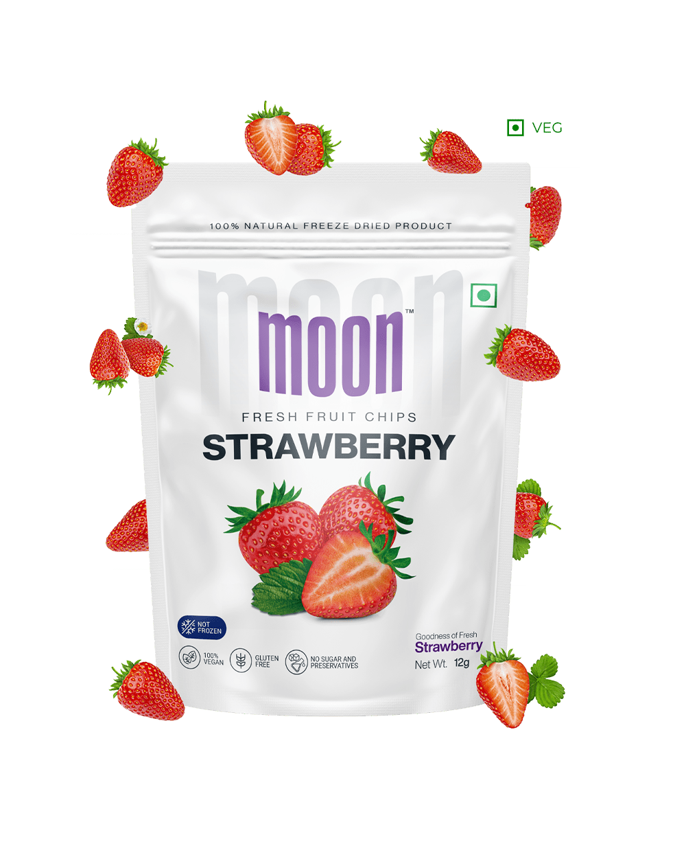 Strawberry Freeze-Dried Fruit Chips surrounded by fresh strawberries on a transparent background.