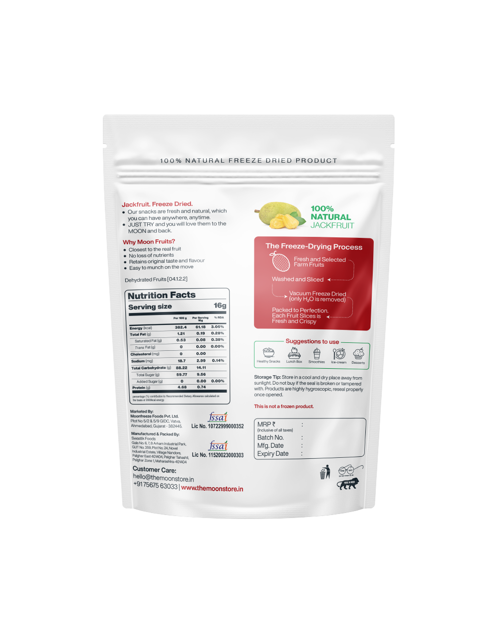 A package of 100% natural, freeze-dried Moon Freeze Dried Jackfruit chips with nutritional facts, health benefits, product information, and process details displayed on the back. The brand name, Themoonstoreindia, and contact information are also included.