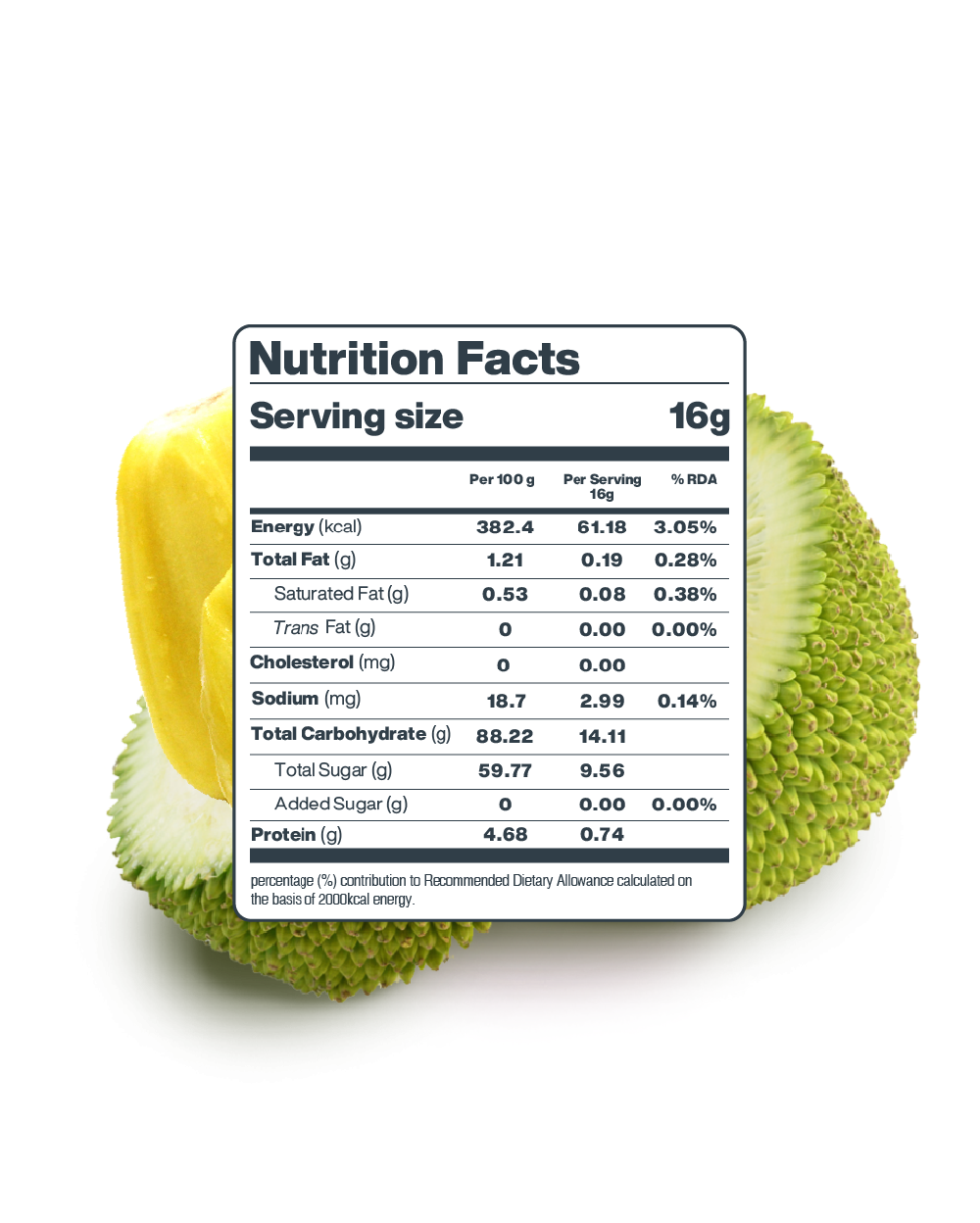 An image showcasing Moon Freeze Dried Jackfruit from Themoonstoreindia, featuring a close-up of the nutrition facts label. The label details the serving size, calories, total fat, cholesterol, sodium, total carbohydrates, sugars, and protein content. This 100% natural fruit emphasizes its health benefits whether consumed fresh or as freeze-dried jackfruit chips.