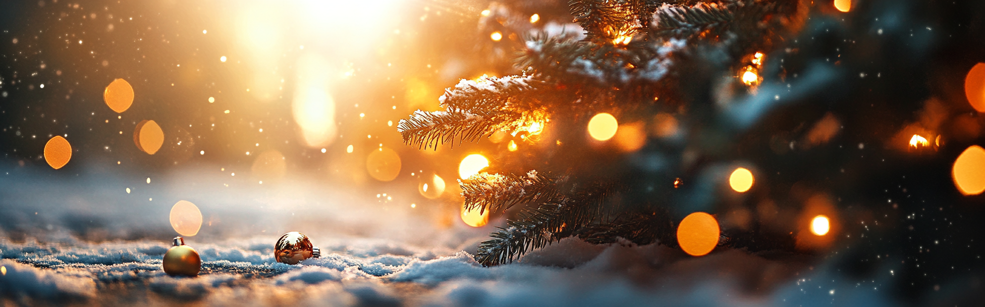 Close-up of a snowy Christmas tree with glowing lights and two ornaments, a silver and a gold one, on the ground. Snowflakes are gently falling.