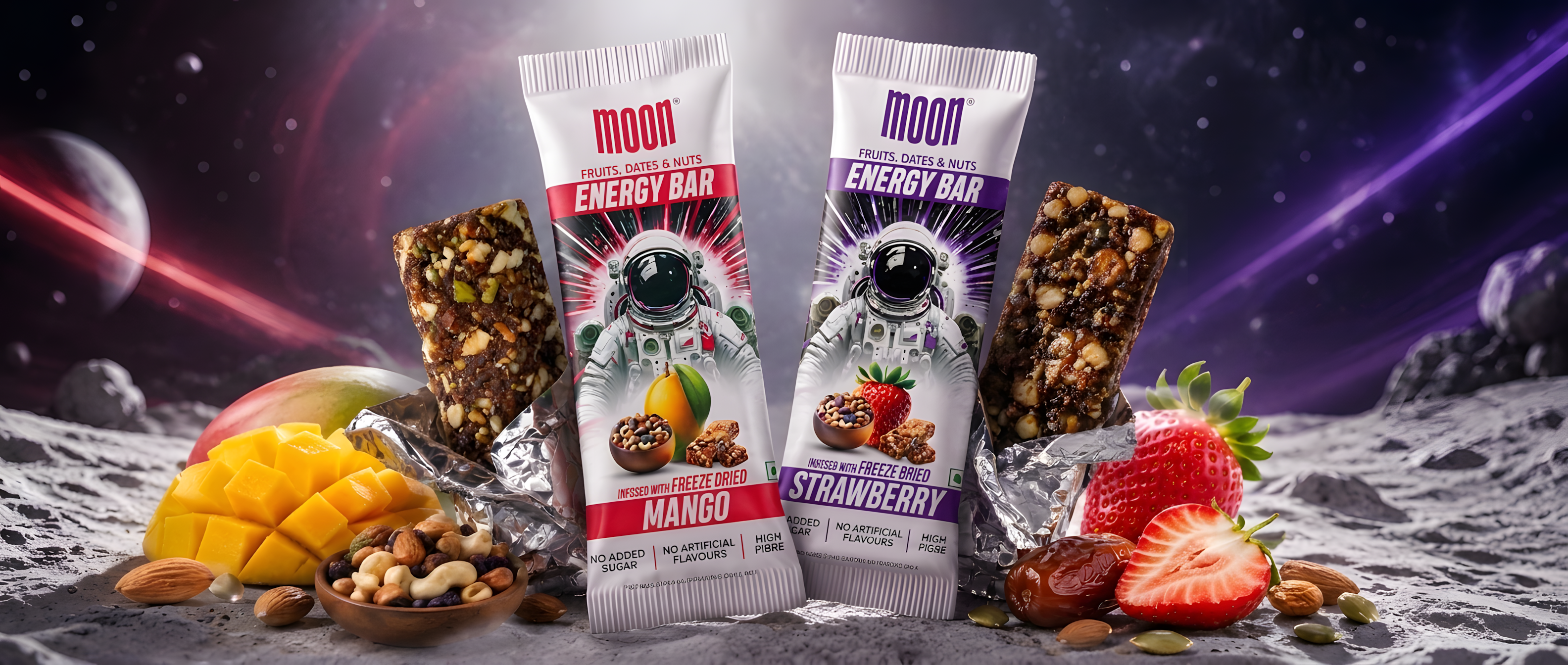 Two Moon energy bars, Mango and Strawberry flavors, are displayed on a lunar surface with fruits and nuts, set against a space-themed background with planets and stars.
