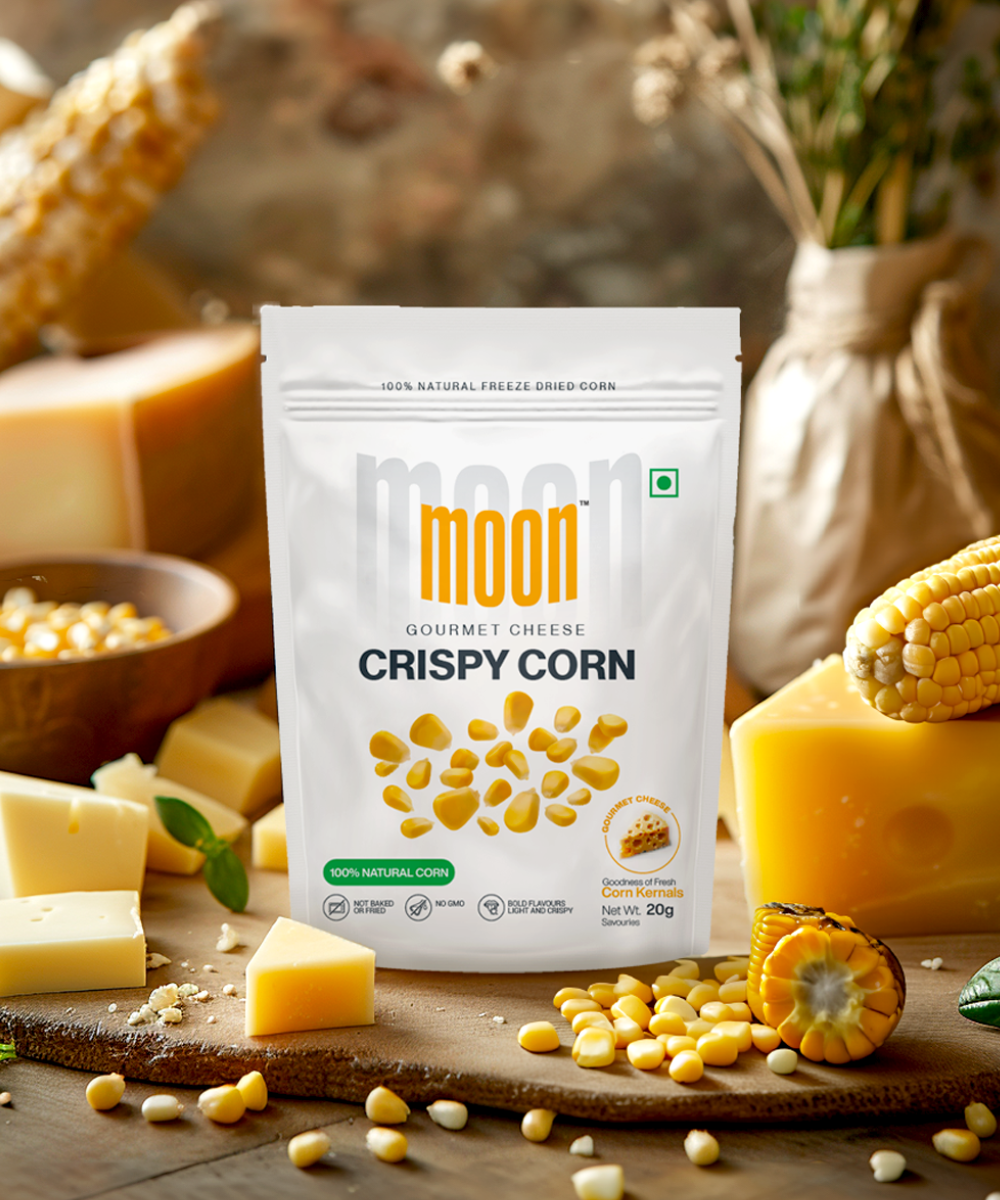 A pack of Moon Freeze Dried Crispy Corn Gourmet Cheese snack on a wooden table surrounded by gourmet cheese blocks, freeze-dried corn, and grains.