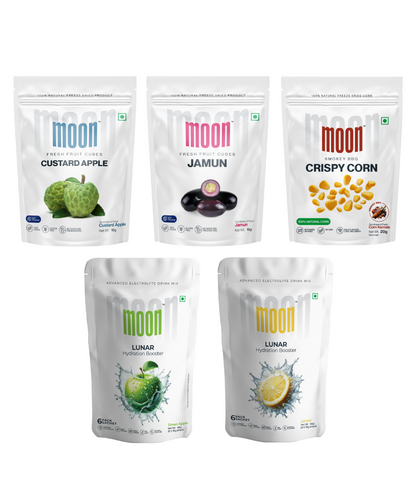 Five assorted Moon Freeze Orbit Mix Packs - Hydrate & Snack, featuring flavors custard apple, jamun, crispy corn, lunar lime, and lunar lemon by MOONFREEZE FOODS PRIVATE LIMITED.
