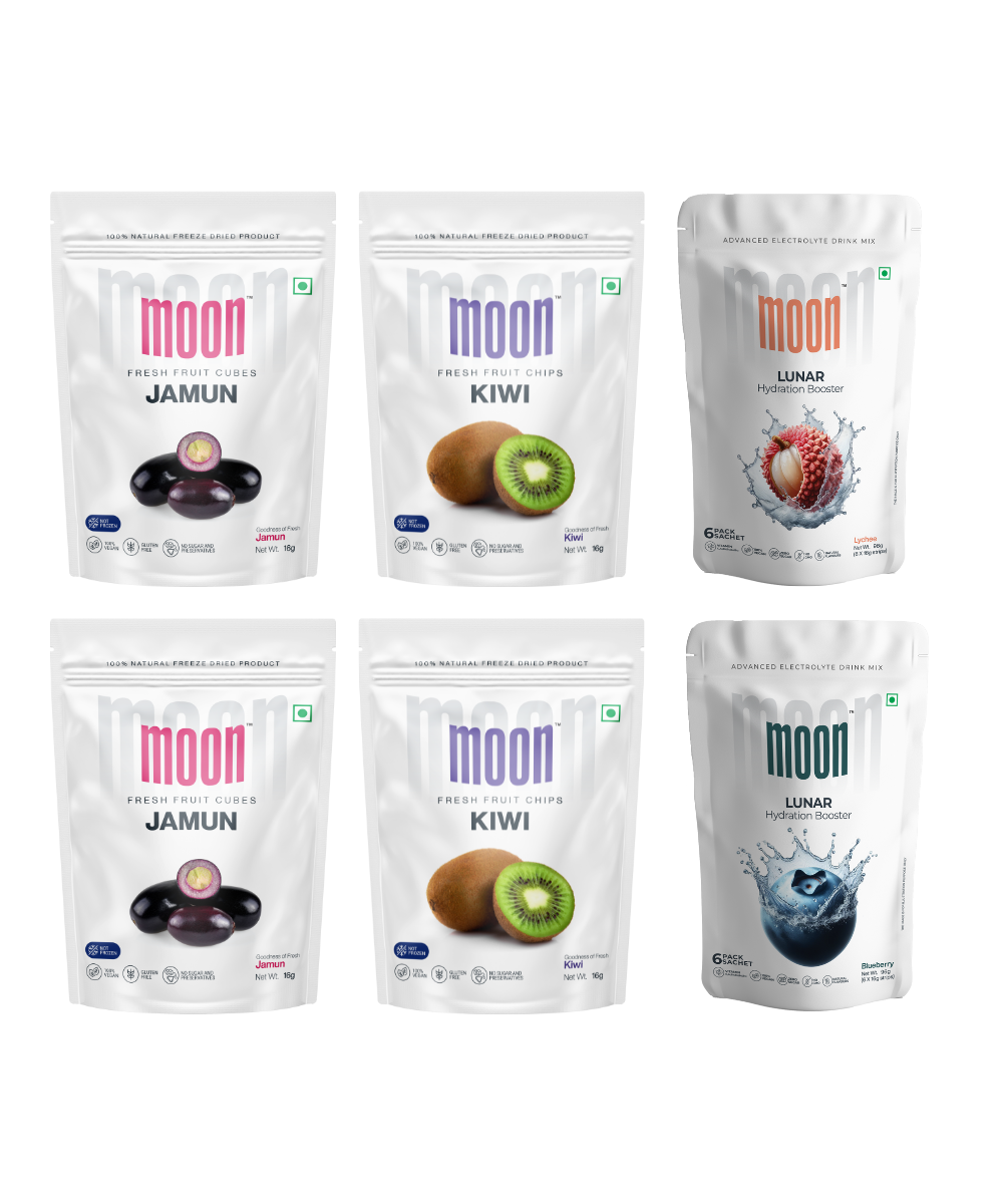 A collection of six Moon Freeze Astronaut's Diet Pack - Refresh Edition assorted fruit-flavored frozen yogurt packages from MOONFREEZE FOODS PRIVATE LIMITED, including jamun and kiwi flavors, with a lunar edition for the kiwi variant as part of the cosmic journey refresh edition.