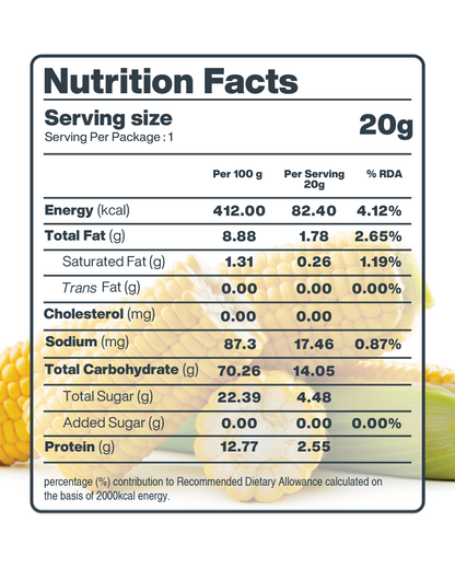 Nutrition facts for MOONFREEZE FOODS PRIVATE LIMITED's Freeze Dried Crispy Corn Sour Cream & Onion, low in calories.
