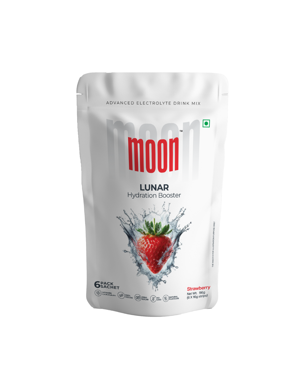 Product description: A bag of Moon Strawberry Lunar Hydration Booster on a white background with keywords.