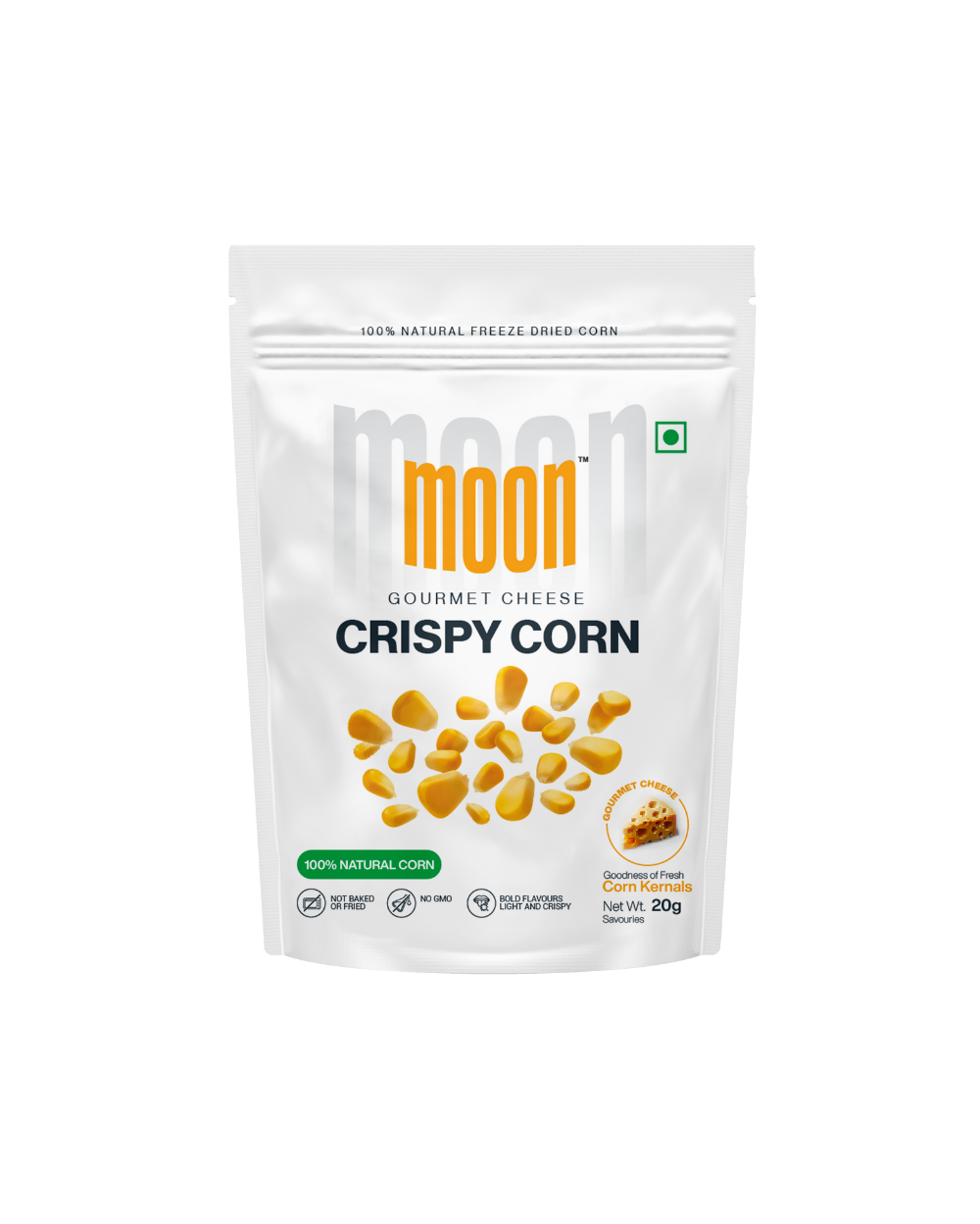 A bag of MOONFREEZE FOODS PRIVATE LIMITED Freeze Dried Crispy Corn Gourmet Cheese on a white background.