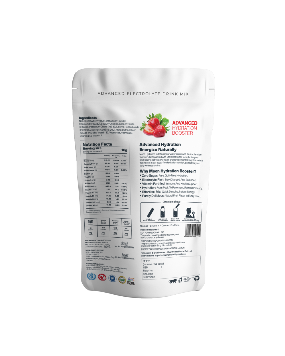 Lunar Hydration Booster in Strawberry flavor, highlighting ingredients and nutrition facts.