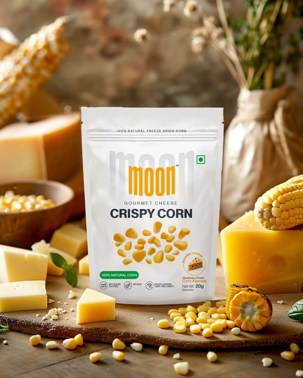 A Freeze Dried Crispy Corn Gourmet Cheese snack, presented on a wooden table, made by MOONFREEZE FOODS PRIVATE LIMITED.