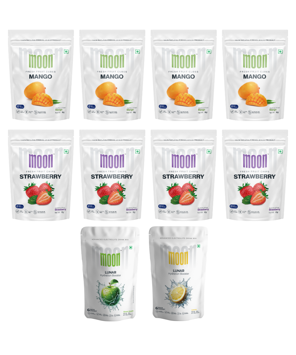Assorted flavors of Moon Freeze Cosmic Bulk Packs - Mega Hydrate Edition freeze-dried fruit snack packaging, including mango cubes and strawberry cubes by MOONFREEZE FOODS PRIVATE LIMITED.