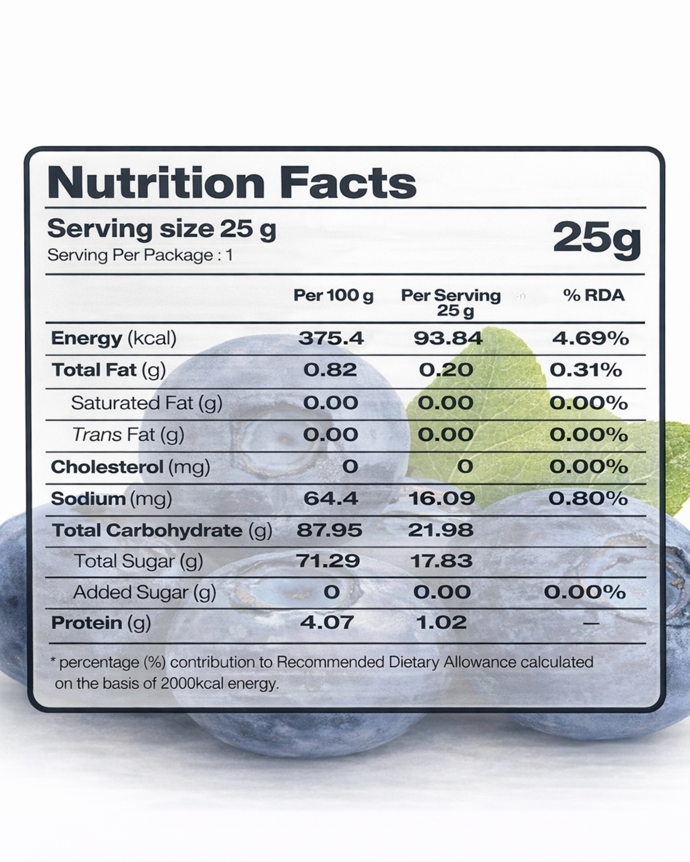 Nutrition facts label for a 25g serving of Moon Freeze Dried Blueberry by Themoonstoreindia, highlighting energy, fat, cholesterol, sodium, carbohydrate, sugar, and protein content with blueberries in the background.