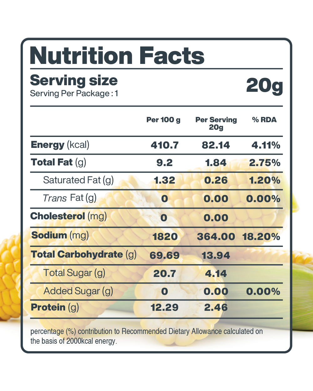 Nutrition facts for Freeze Dried Crispy Corn Gourmet Cheese by MOONFREEZE FOODS PRIVATE LIMITED, perfect for gourmet snacking.