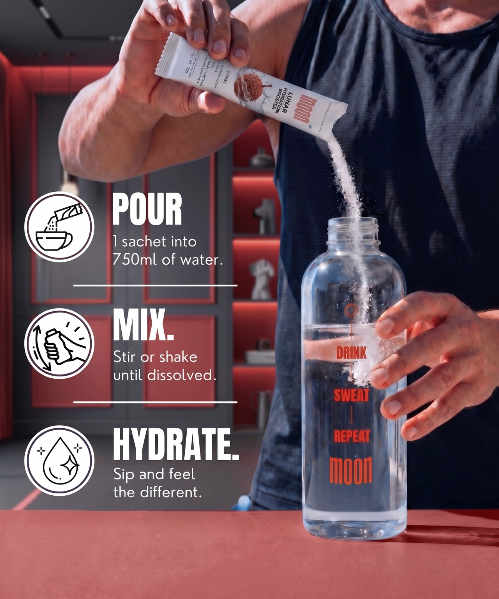 Pour one sachet of Lunar Hydration Booster - Lychee Flavour by MOONFREEZE FOODS PRIVATE LIMITED into 750ml water, mix until dissolved and sip for clean, effective hydration. No added sugar.