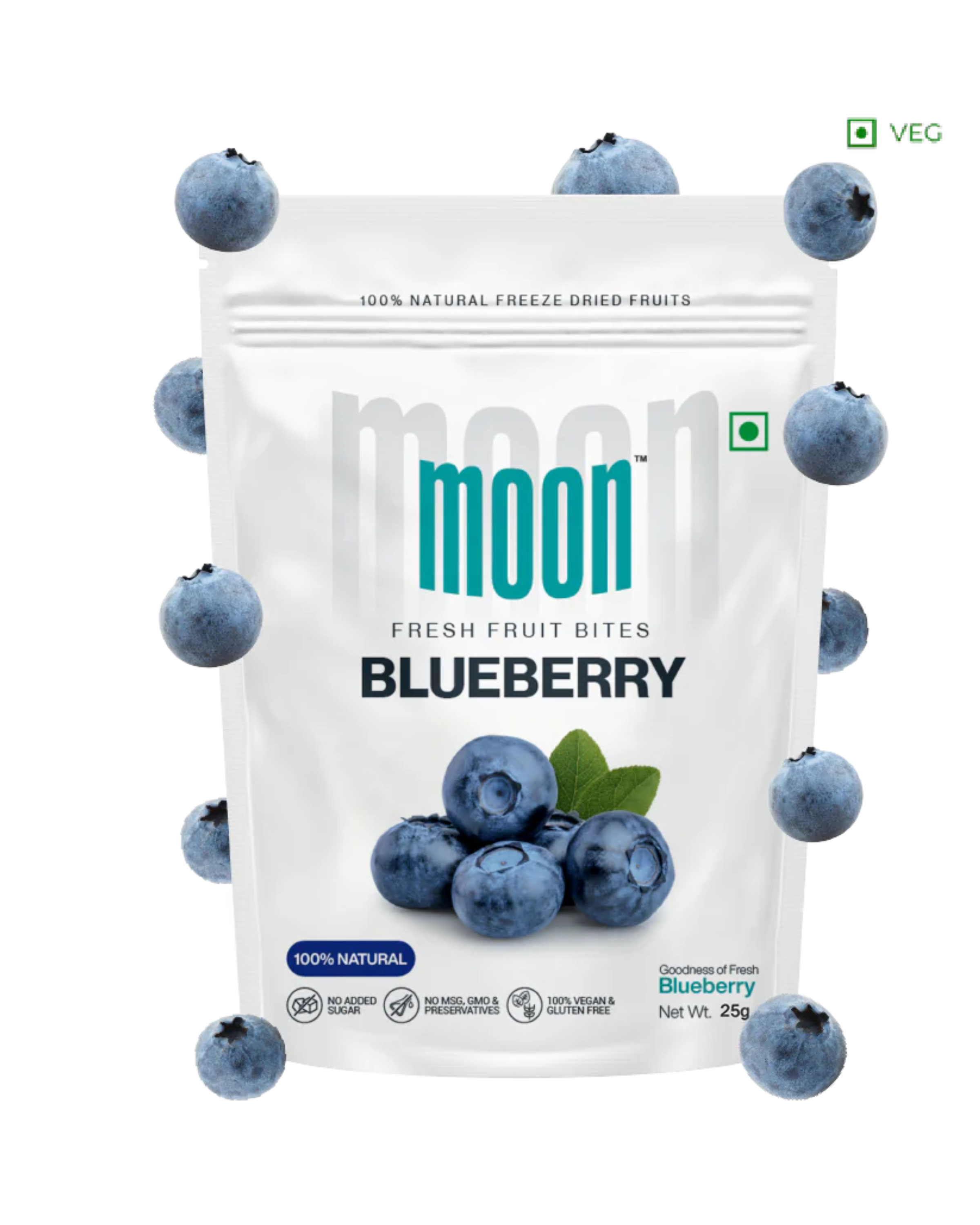A white pouch labeled "Moon Freeze Dried Blueberry" from Themoonstoreindia displays antioxidant-rich, freeze-dried blueberries on the packaging with whole blueberries floating around it.