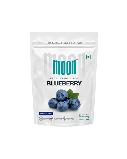 A bag of Moon Freeze Dried Blueberry powder, rich in antioxidants and 100% natural, on a white background.