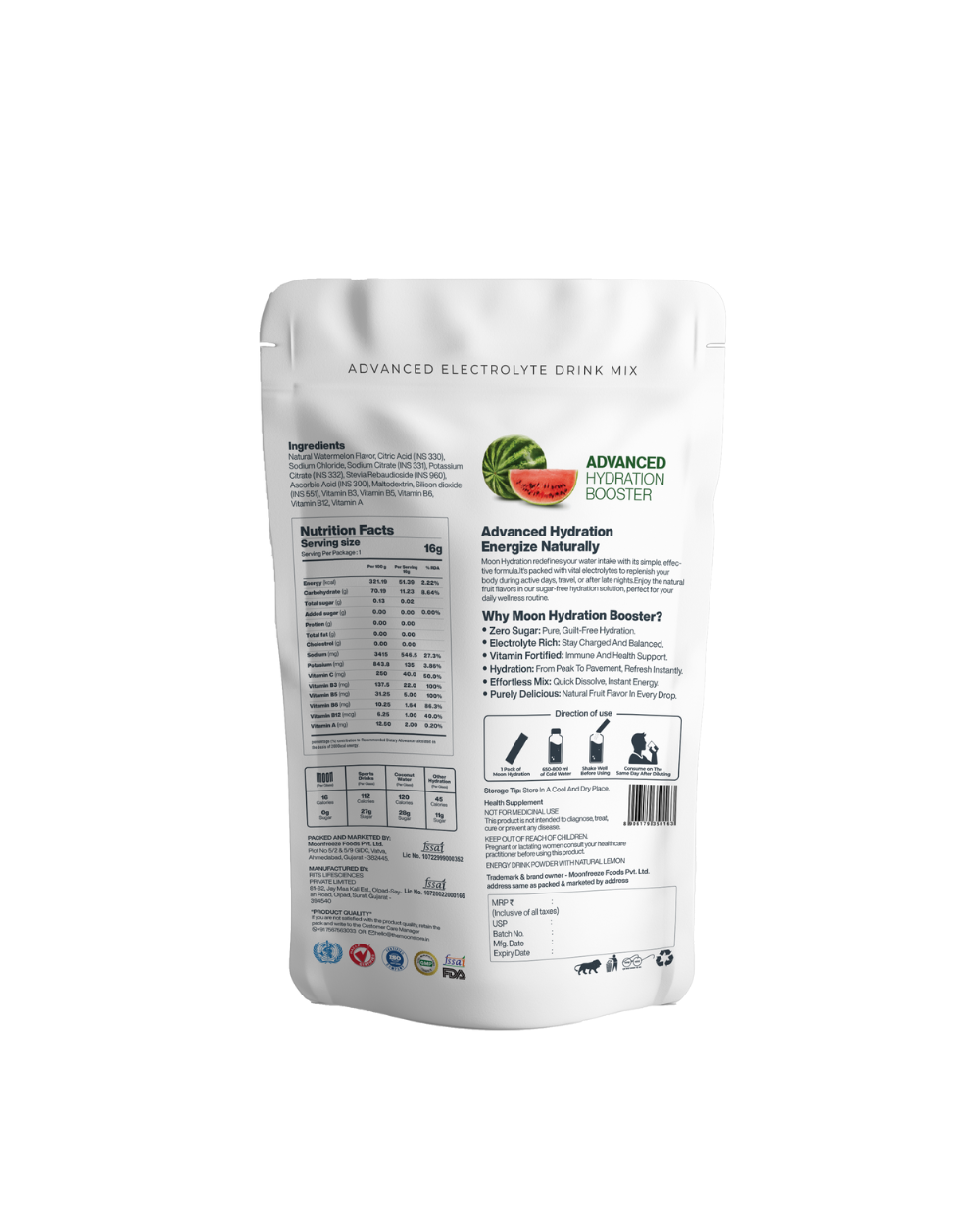 A product image featuring the backside of a bag of Moon Watermelon Lunar Hydration Booster - Pack of 3 drink mix with nutritional facts and promotional information by MOONFREEZE FOODS PRIVATE LIMITED.