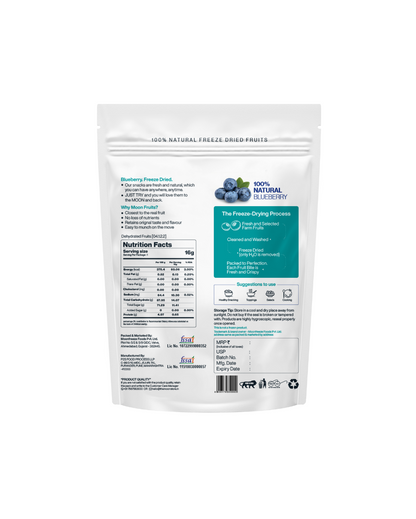 Freeze-Dried Blueberry Bites package, detailing the freeze-drying process, nutritional facts, and benefits of the 100% natural blueberry product.