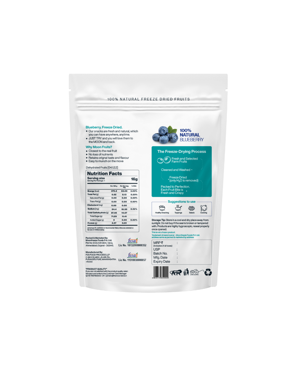 Package of Moon Freeze Dried Strawberry + Blueberry, showing nutritional benefits and product details for sophisticated snacking from MOONFREEZE FOODS PRIVATE LIMITED.