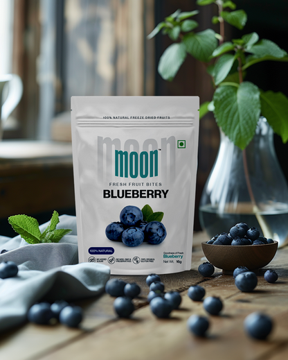 Moon Freeze Dried Blueberry powder on a wooden table by Themoonstoreindia.