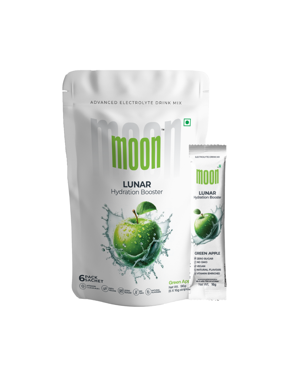 A bag of Moon Green Apple Lunar Hydration Booster juice with a pouch next to it by MOONFREEZE FOODS PRIVATE LIMITED.