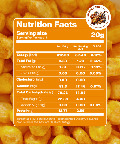 A nutrition facts label for Freeze Dried Crispy Corn Smokey BBQ by MOONFREEZE FOODS PRIVATE LIMITED, showing values per 100g and per 20g serving. Notable contents per 20g include 16.54g carbohydrates, 3.87g fat, 82.40 kcal, and 87.3mg sodium.