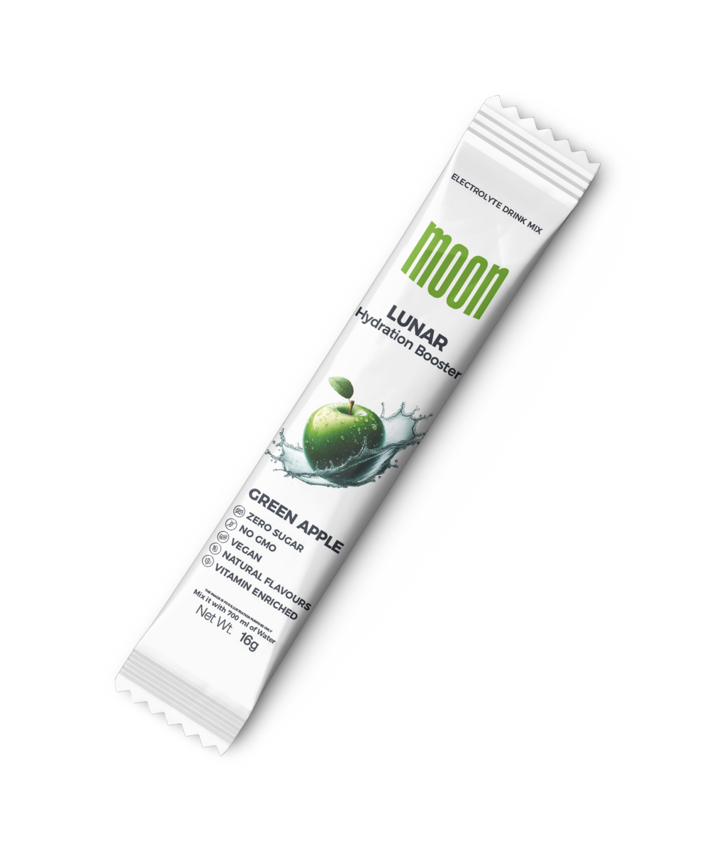 A green apple-flavored Hydration Pack Sample - Assorted Flavour tube labeled "MOONFREEZE FOODS PRIVATE LIMITED" with nutritional information on the side.