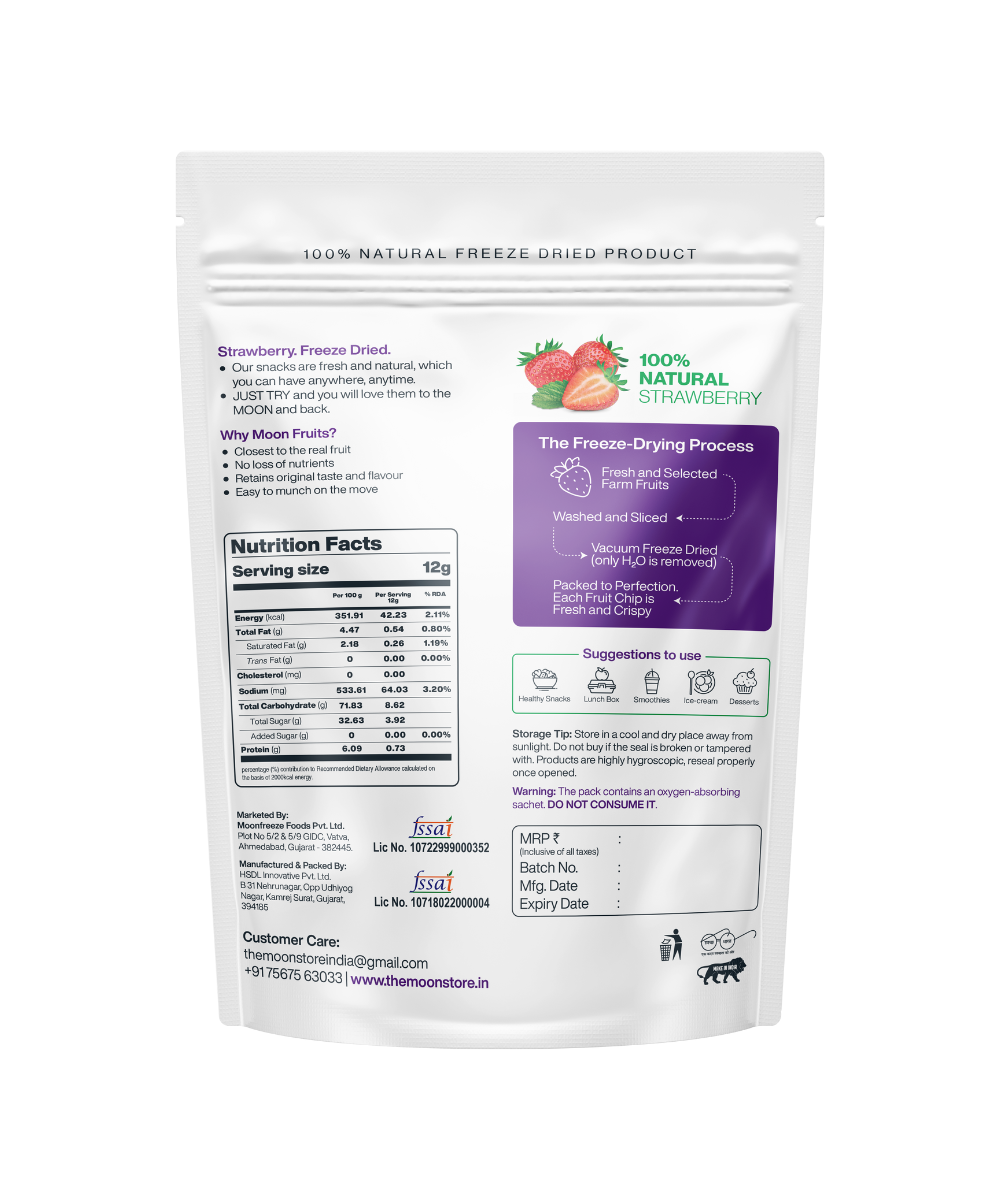 Back view of a MOONFREEZE FOODS PRIVATE LIMITED Moon Freeze Cosmic Bulk Packs freeze-dried strawberry product package detailing nutrition facts, ingredients, and freeze-drying process, with contact information and QR code at the bottom.