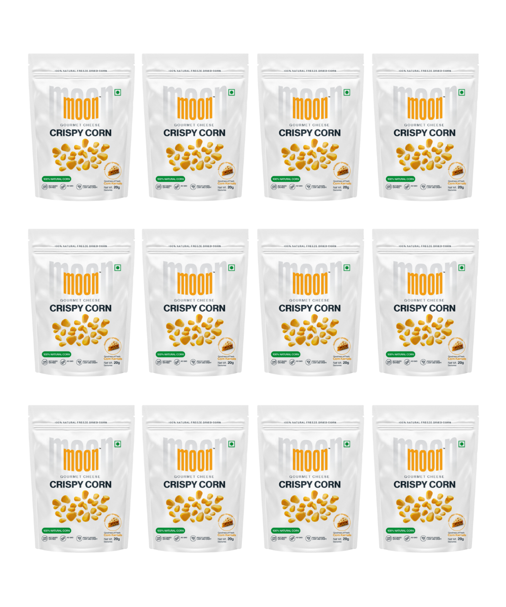 Twelve identical packages of "Moon Freeze Dried Crispy Corn Gourmet Cheese" snack arranged in a grid.
