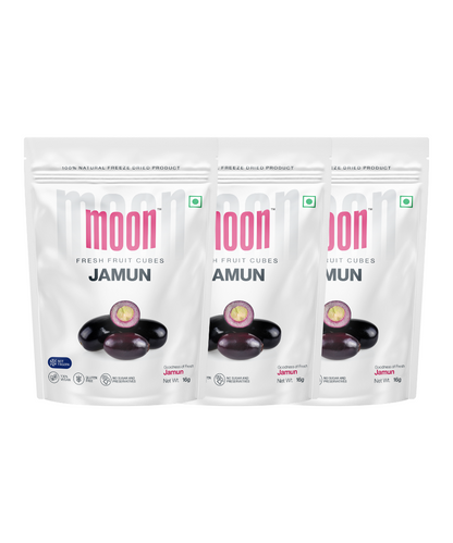 Three packages of MOONFREEZE FOODS PRIVATE LIMITED brand Moon Freeze Dried Jamun Cubes - Pack of 3 displayed in a row.