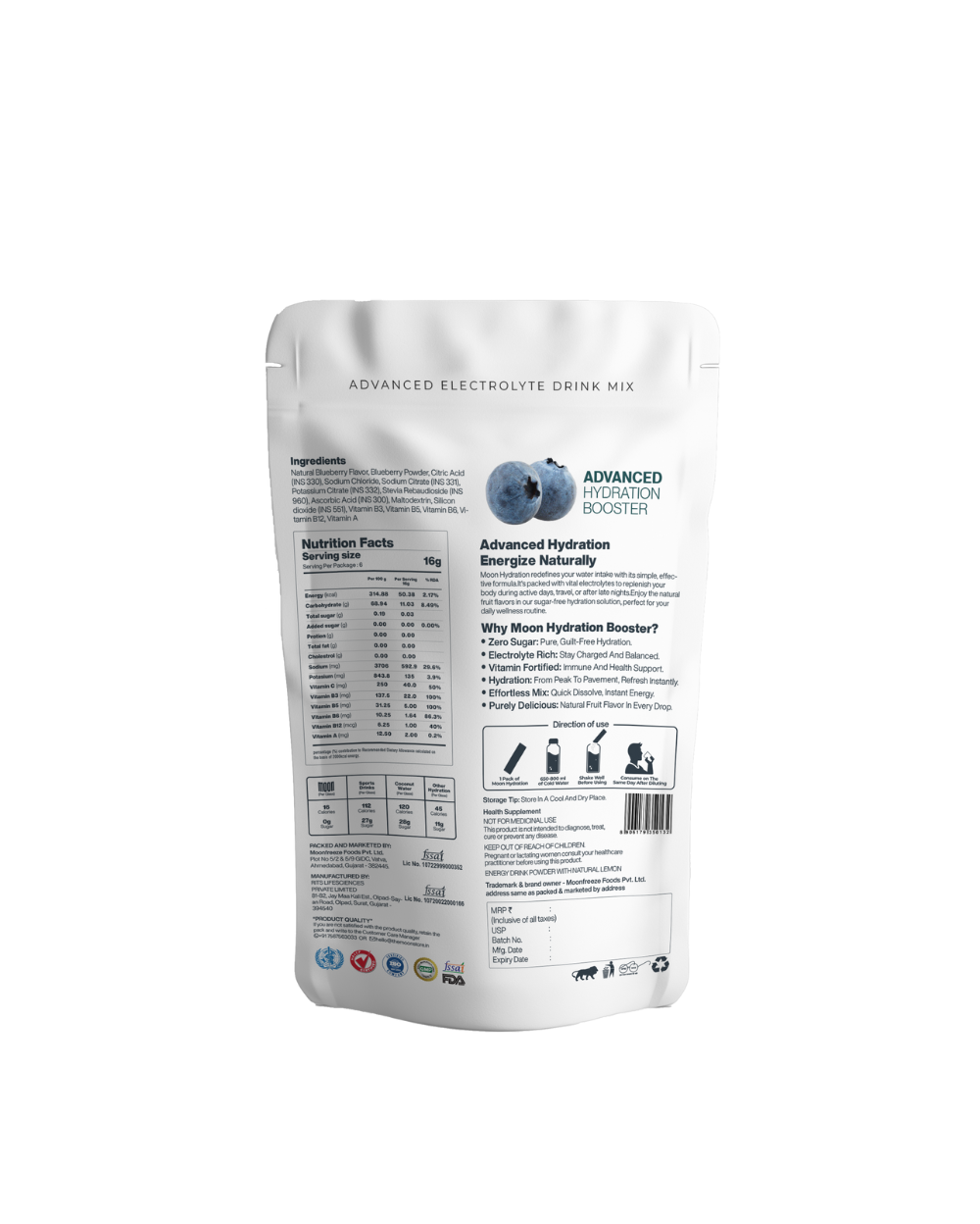 A pouch of Moon Lunar Green Apple + Blueberry Hydration Booster electrolyte drink mix featuring product information and nutritional facts by MOONFREEZE FOODS PRIVATE LIMITED.