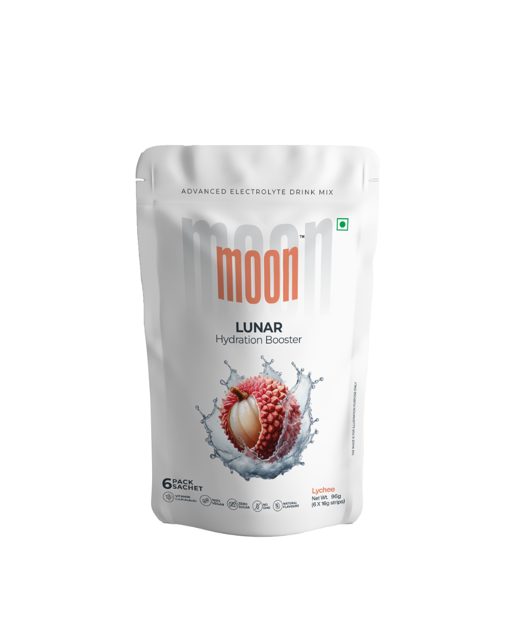 A pouch of Moon Lychee Lunar Hydration Booster powder on a white background.