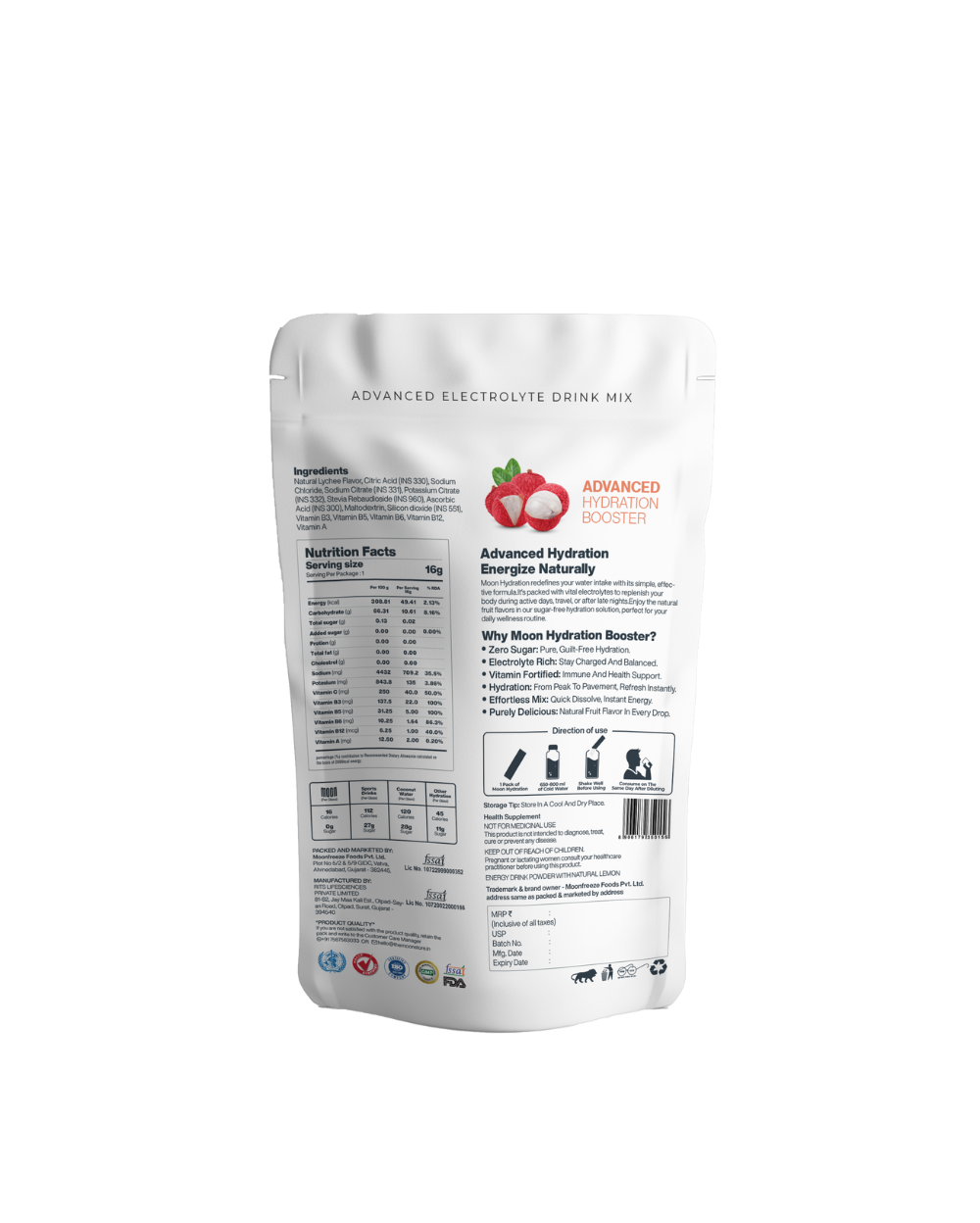 Package of Moon Lunar Strawberry + Lychee Hydration Booster, with nutritional information and usage instructions for wellness-focused hydration booster, by MOONFREEZE FOODS PRIVATE LIMITED.