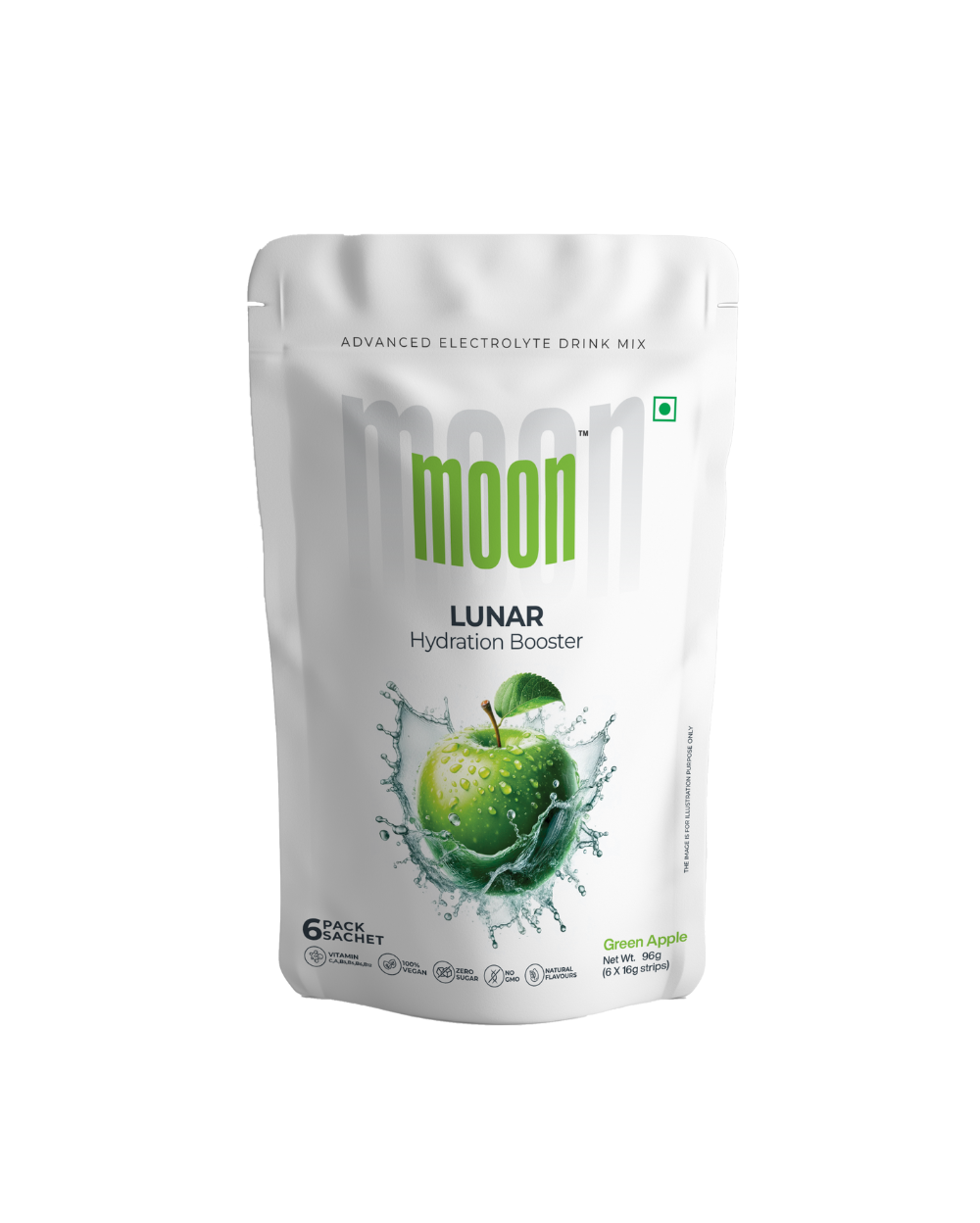 A pouch of Moon Green Apple Lunar Hydration Booster powder on a white background by MOONFREEZE FOODS PRIVATE LIMITED.