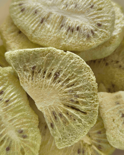 Close-up of  Freeze-Dried Kiwi Slices, showcasing their natural texture and crispness.