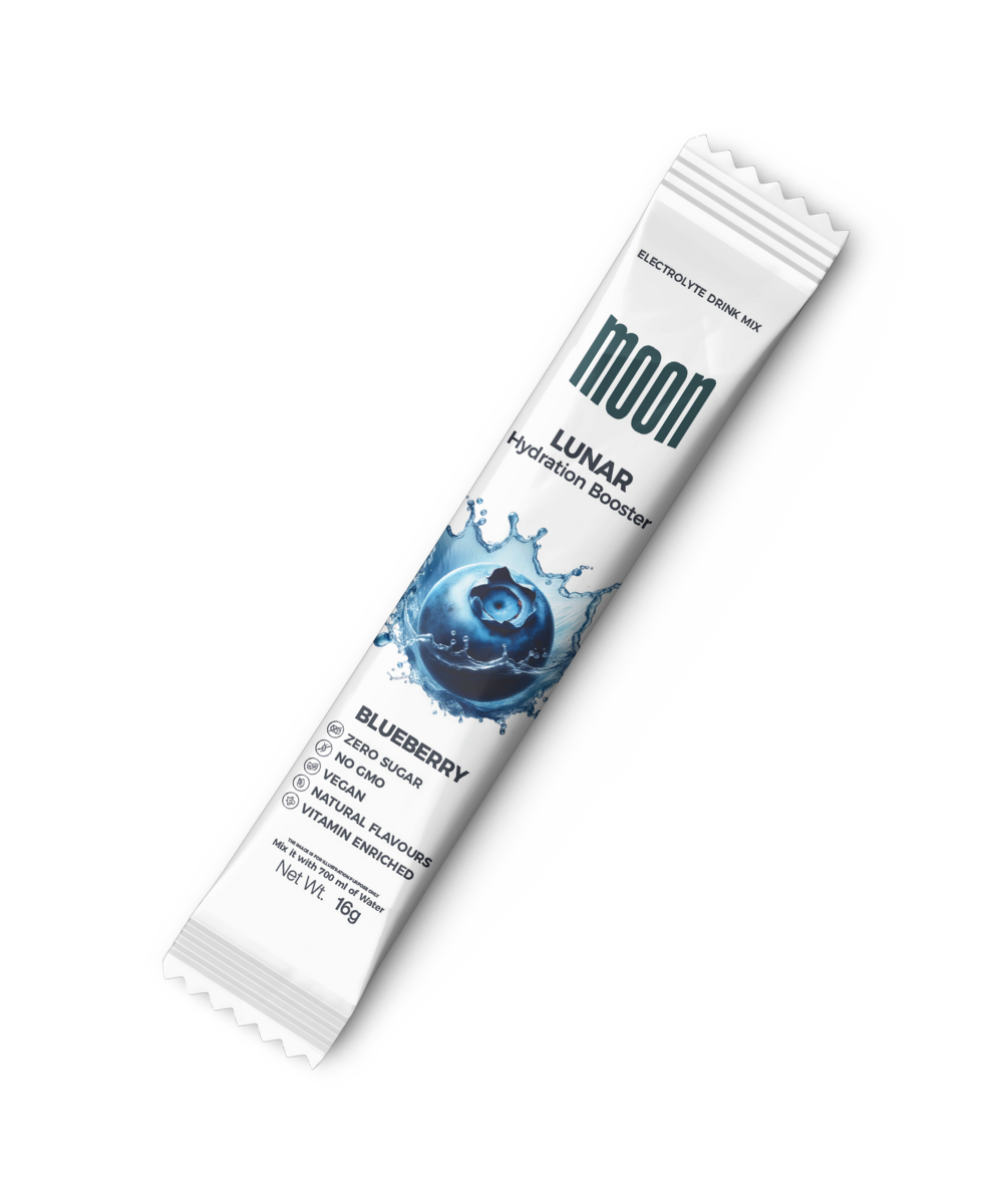 A tube of Moonfreeze Foods Private Limited moon lunar buzz blueberry-flavored Hydration Pack Sample on a white background.
