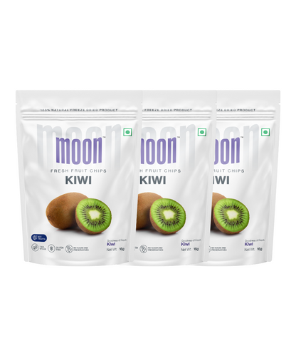Three packages of Moon Freeze Dried Kiwi - Pack of 3 displayed side by side, offering a zesty flavor perfect for healthy snacking.