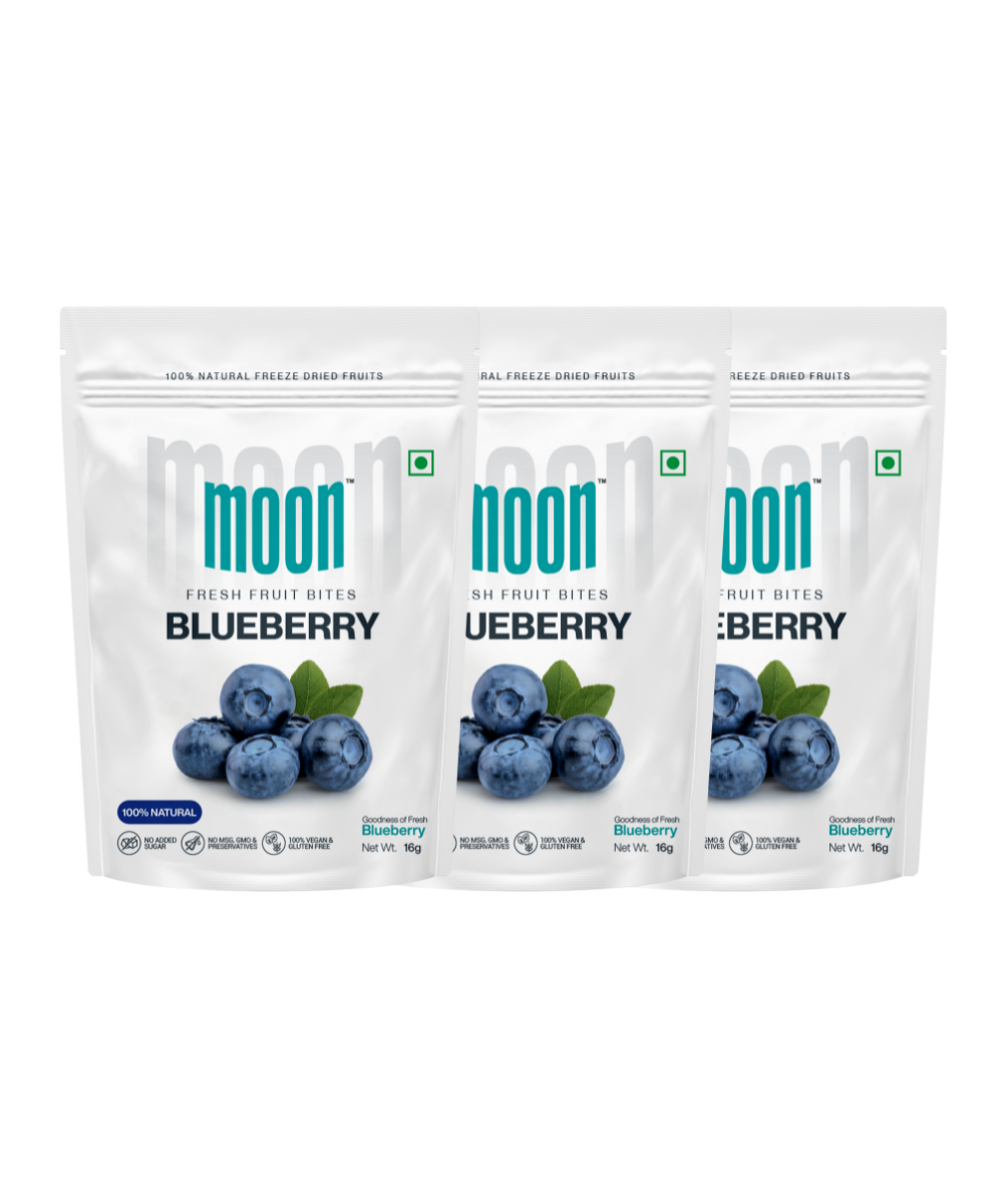 Three packages of MOONFREEZE FOODS PRIVATE LIMITED Moon Freeze Dried Blueberry Pack of 3 on a white background.