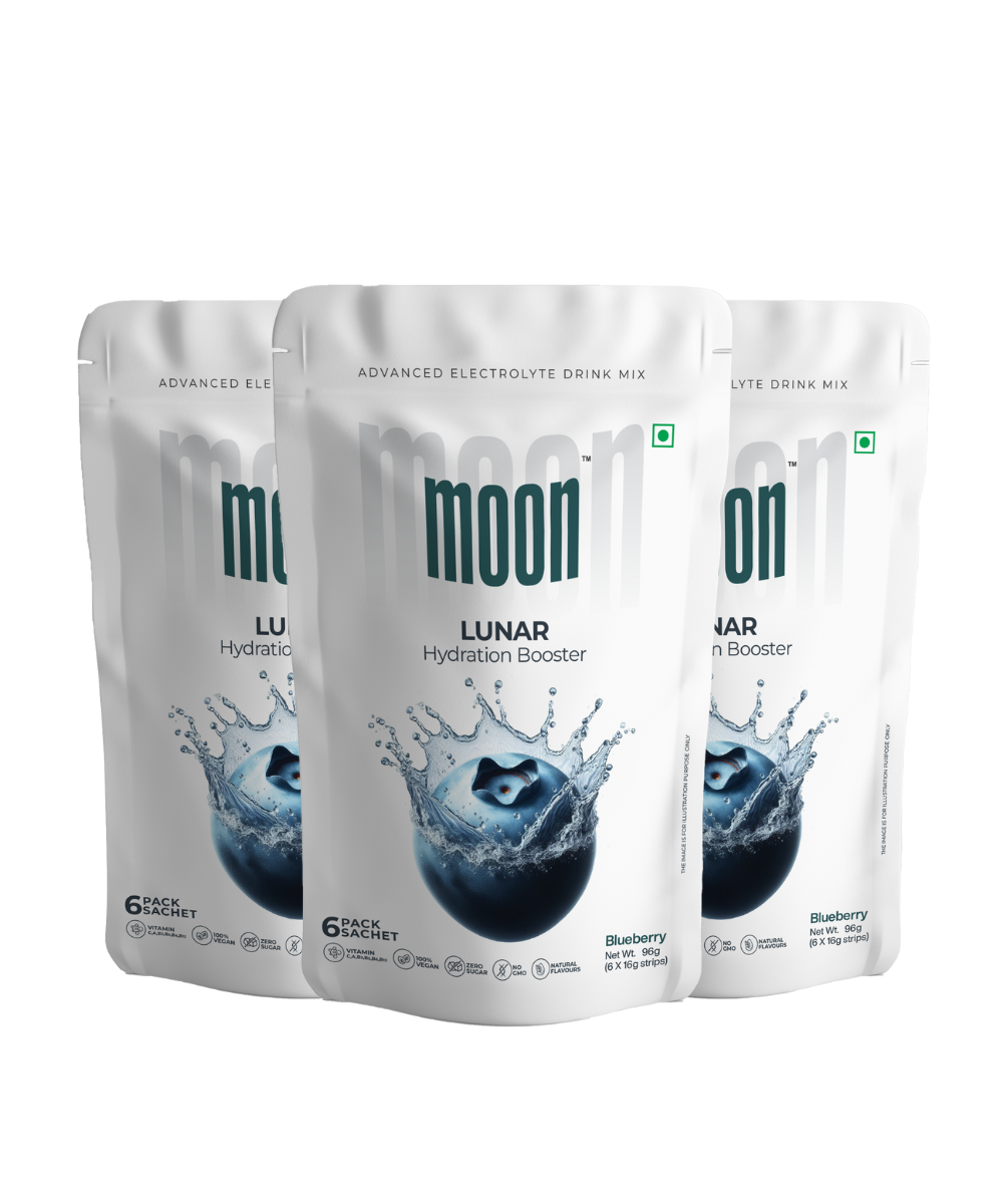 Three packets of Moon Blueberry Lunar Hydration Booster - Pack of 3 for optimal hydration.