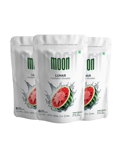 Three pouches of Moon Watermelon Lunar Hydration Booster - Pack of 3, a lunar watermelon-flavored advanced electrolyte drink mix by MOONFREEZE FOODS PRIVATE LIMITED.